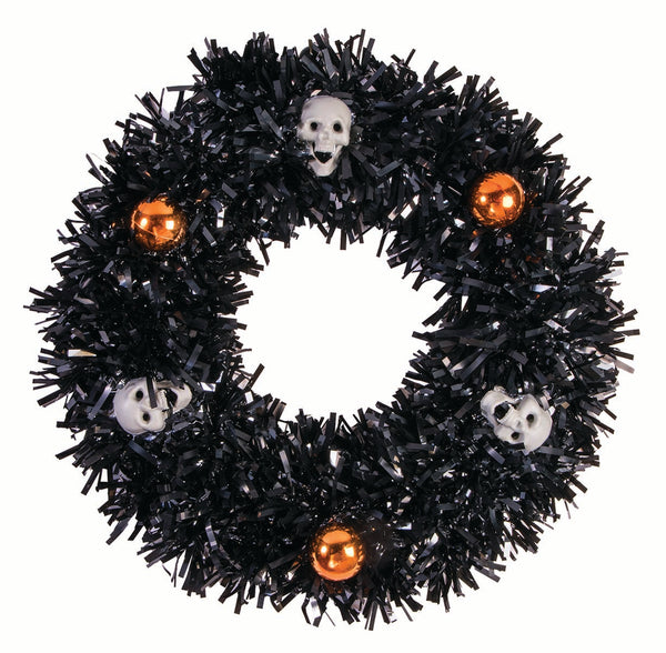 TINSEL WREATH-SKULLS&BALLS-BLK